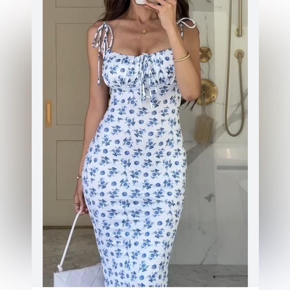 Women's feminine dainty Summer ditsy Floral tie shoulder Bodycon Maxi Dress XS